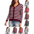 thumbnail image 1 of Hzzrkos Women Casual Striped Print V Neck Long Sleeve Button Up Cardigan Fitted Knit Sweater Top for Fall Layering Wine, 1 of 7