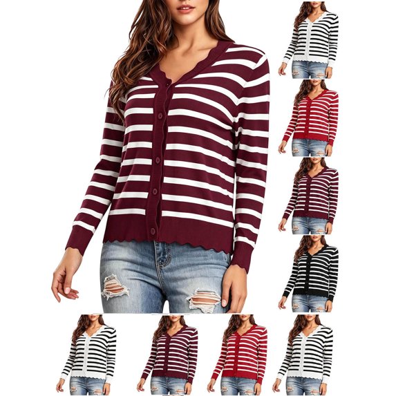 Hzzrkos Women Casual Striped Print V Neck Long Sleeve Button Up Cardigan Fitted Knit Sweater Top for Fall Layering Wine