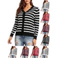 thumbnail image 1 of Hzzrkos Women Casual Striped Print V Neck Long Sleeve Button Up Cardigan Fitted Knit Sweater Top for Fall Layering Black, 1 of 7