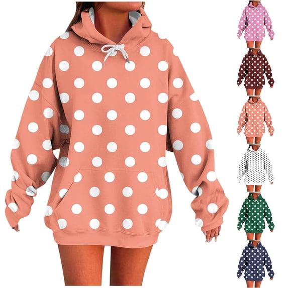 Hzzrkos Women Fashion Loose Print Hooded Long Sleeve Drawstring Patch Pocket Pullover Hoodie Top for Daily Casual Home Outdoor Wear