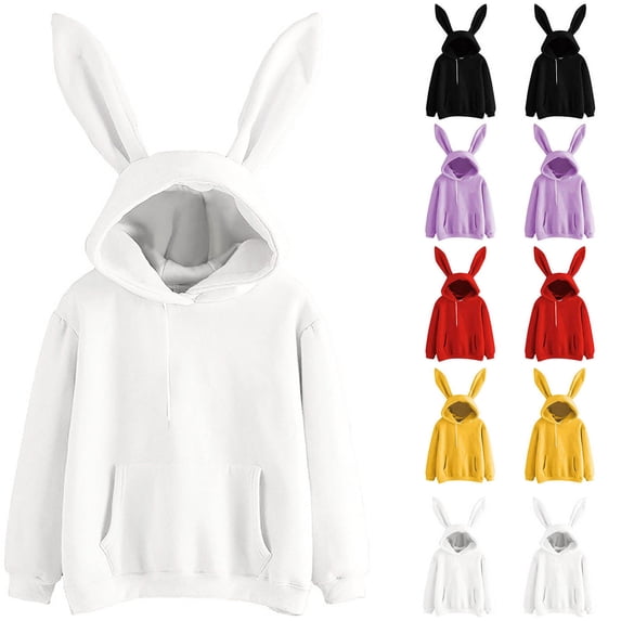 Hzzrkos Women Fashion Loose Solid Color Hooded Long Sleeve 3D Bunny‑Ear Design Pullover Hoodie Sweatshirt Top for Casual Daily‑Wear