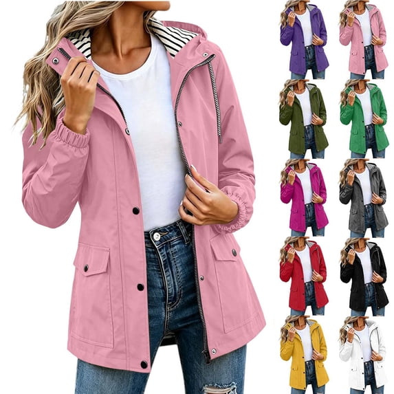 Hzzrkos Women Fashion Loose Solid Color Hooded Long Sleeve Drawstring Zipper Button Patch Pocket Waterproof Casual Outdoor Windbreaker Jacket Coat Pink XL