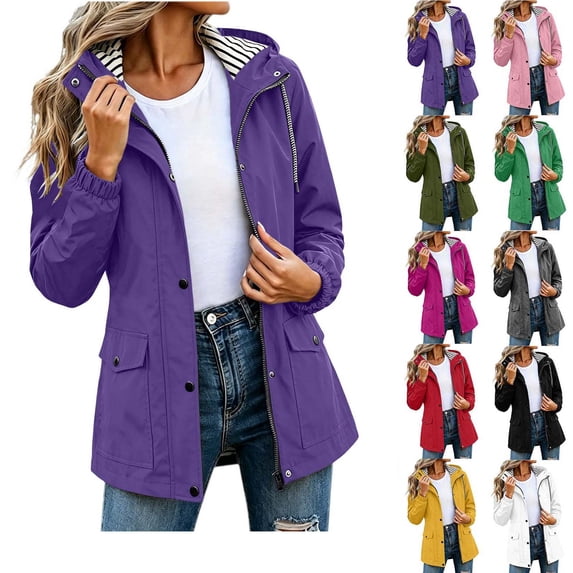 Hzzrkos Women Fashion Loose Solid Color Hooded Long Sleeve Drawstring Zipper Button Patch Pocket Waterproof Casual Outdoor Windbreaker Jacket Coat Purple S