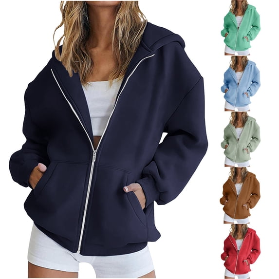 Hzzrkos Women Fashion Loose Solid Color Hooded Long Sleeve Full Zip Patch Pocket Zip Up Hoodie Jacket for Daily Casual Outdoor Lifestyle