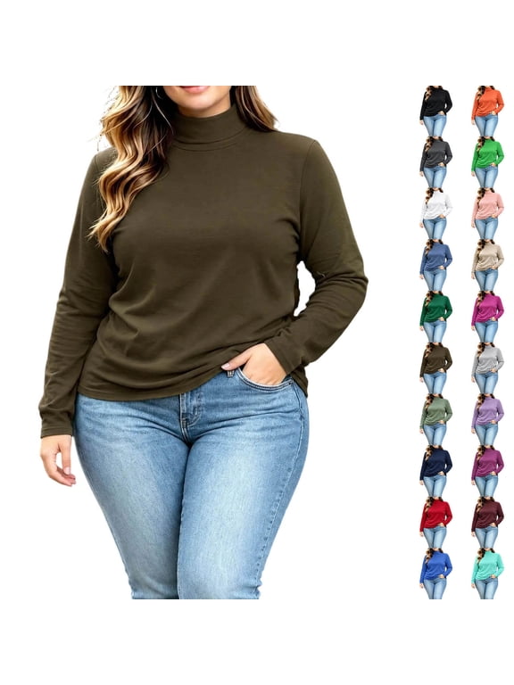 Women Plus Size Mock Turtleneck Top Long Sleeve Stretch Tunic Shirt Casual Pullover Blouse Soft Everyday Layering Top for Work Travel Daily Wear BrownM