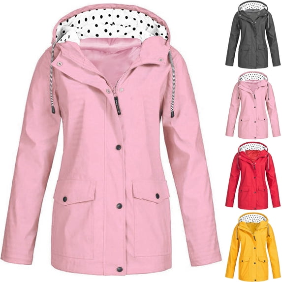 Hzzrkos Women Polka Dot Trim Hooded Wind Resistant Rain Jacket Lightweight Outdoor Casual Outer Coat Pink