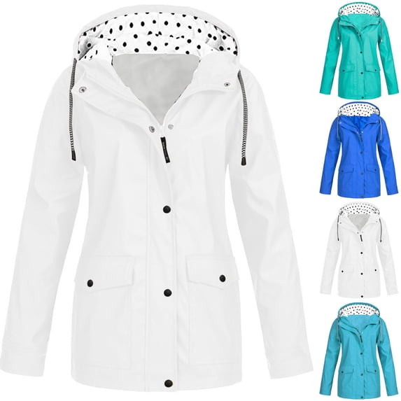 Hzzrkos Women Polka Dot Trim Hooded Wind Resistant Rain Jacket Lightweight Outdoor Casual Outer Coat