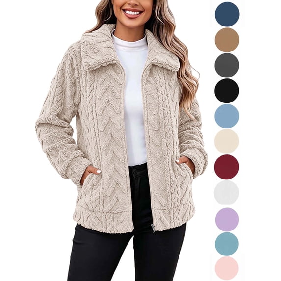 Hzzrkos Women Winter Sherpa Fleece Jacket Casual Loose Solid Color Long Sleeve Lapel Collar Plush Coat Warm Outerwear With Pockets Fashion Jacket Beige