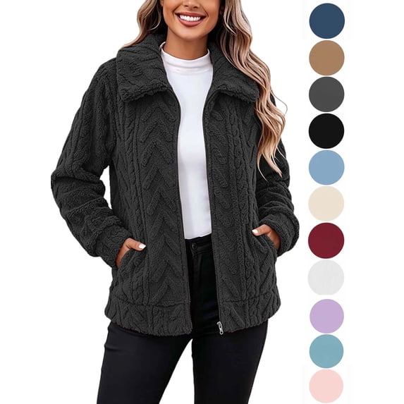 Hzzrkos Women Winter Sherpa Fleece Jacket Casual Loose Solid Color Long Sleeve Lapel Collar Plush Coat Warm Outerwear With Pockets Fashion Jacket Black