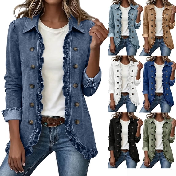 Hzzrkos Women's Denim Moto Jacket Button Front Long Sleeve Casual Jean Coat Lapel Outerwear with Pockets Fashion Layering Jacket for Daily Wear Travel Blue XXL