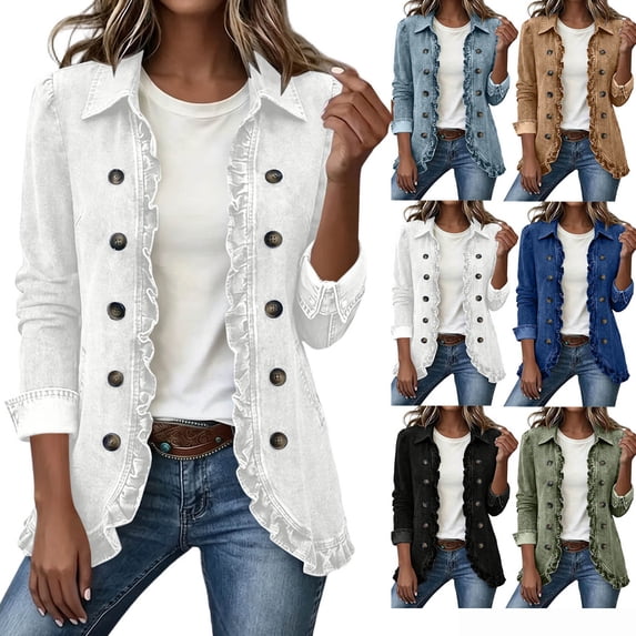 Hzzrkos Women's Denim Moto Jacket Button Front Long Sleeve Casual Jean Coat Lapel Outerwear with Pockets Fashion Layering Jacket for Daily Wear Travel White XXXL