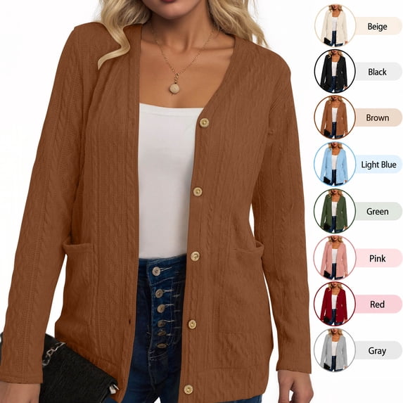 Hzzrkos Women's Lightweight Knit Cardigan Sweater Open Front Button Closure Textured Casual Layering Outerwear with Pockets Long Sleeve Soft Everyday Comfort Brown S