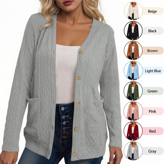 Hzzrkos Women's Lightweight Knit Cardigan Sweater Open Front Button Closure Textured Casual Layering Outerwear with Pockets Long Sleeve Soft Everyday Comfort Gray XL