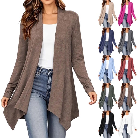 Hzzrkos Women's Lightweight Open Front Cardigan Long Sleeve Drape Front Knit Sweater Casual Loose Fit Layering Cardigan Outerwear for Office Daily Wear Brown M