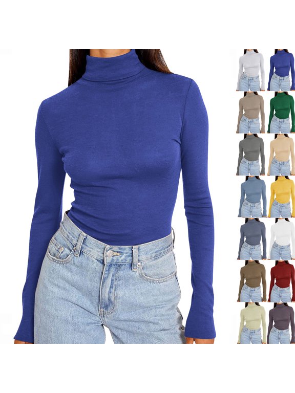 Women's Mock Neck Long Sleeve Fitted Knit Top Stretch Casual Pullover Shirt Slim Fit Layering Tee Soft Everyday Basic Fashion Blouse for Work Travel Daily Wear Blue XXXL