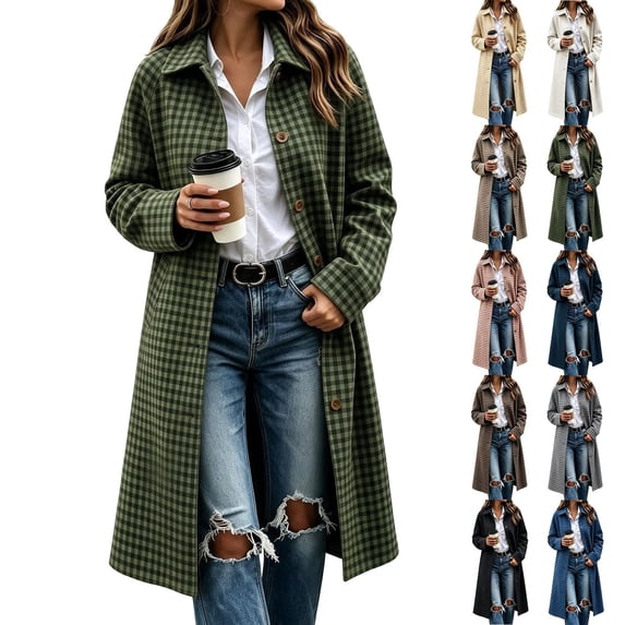 Hzzrkos Women's Plaid Long Trench Coat, Lapel Collar Button Front Long Sleeve Lightweight Casual Overcoat, Classic Check Pattern Outerwear for Fall and Winter