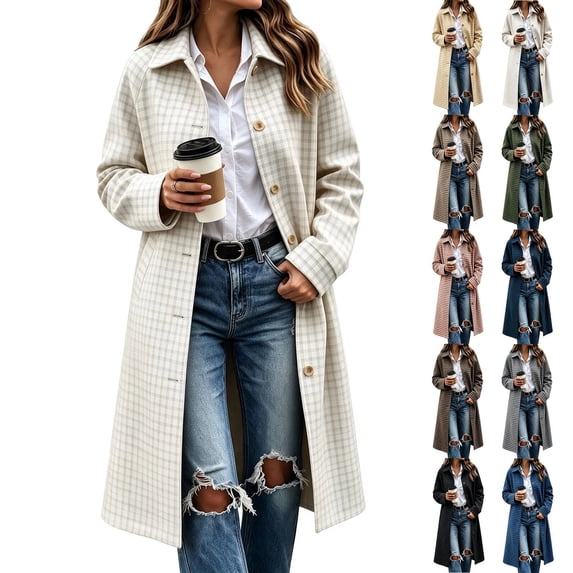 Hzzrkos Women's Plaid Long Trench Coat, Lapel Collar Button Front Long Sleeve Lightweight Casual Overcoat, Classic Check Pattern Outerwear for Fall and Winter