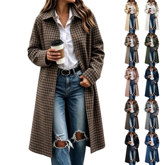 Hzzrkos Women's Plaid Long Trench Coat, Lapel Collar Button Front Long Sleeve Lightweight Casual Overcoat, Classic Check Pattern Outerwear for Fall and Winter