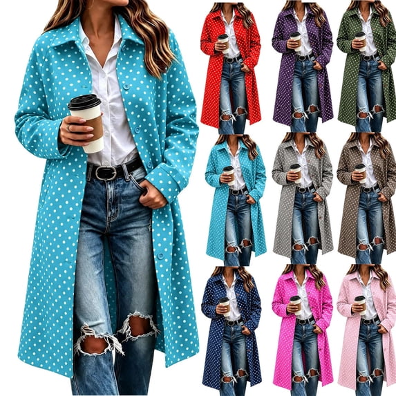 Hzzrkos Women's Polka Dot Long Coat, Lapel Collar Button Front Long Sleeve Casual Overcoat, Printed Lightweight Outerwear for Everyday Wear and Layering