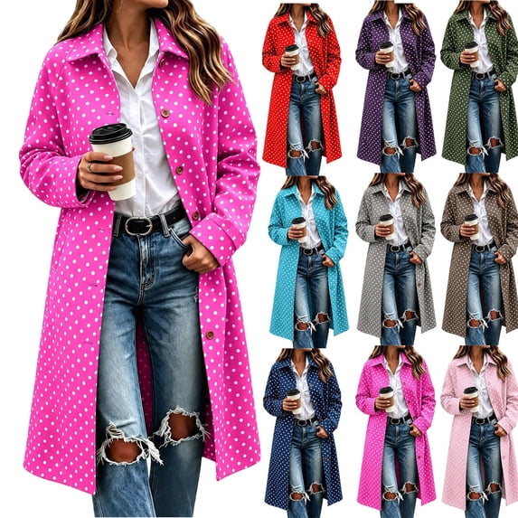 Hzzrkos Women's Polka Dot Long Coat, Lapel Collar Button Front Long Sleeve Casual Overcoat, Printed Lightweight Outerwear for Everyday Wear and Layering