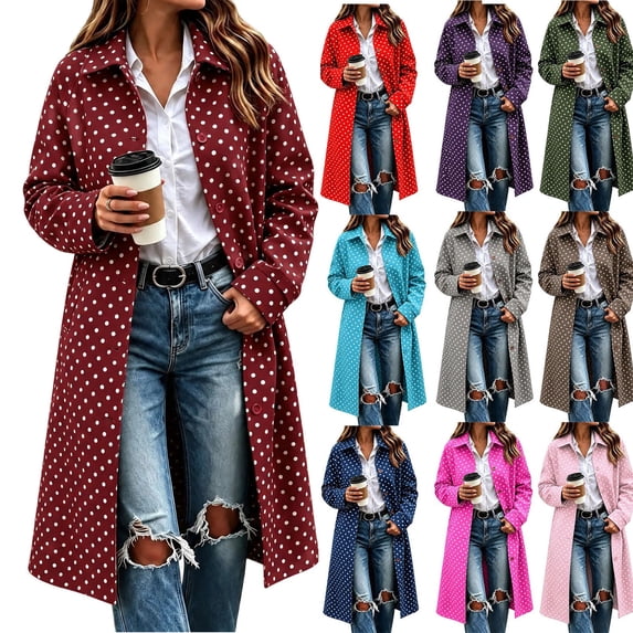 Hzzrkos Women's Polka Dot Long Coat, Lapel Collar Button Front Long Sleeve Casual Overcoat, Printed Lightweight Outerwear for Everyday Wear and Layering