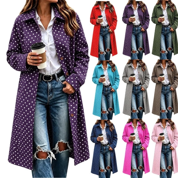 Hzzrkos Women's Polka Dot Long Coat, Lapel Collar Button Front Long Sleeve Casual Overcoat, Printed Lightweight Outerwear for Everyday Wear and Layering