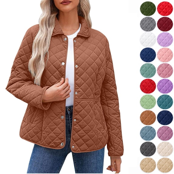 Hzzrkos Women's Quilted Lightweight Jacket Casual Button Front Puffer Coat Long Sleeve Diamond Pattern Outerwear with Pockets Comfortable Daily Wear for Fall Winter Coffee XL