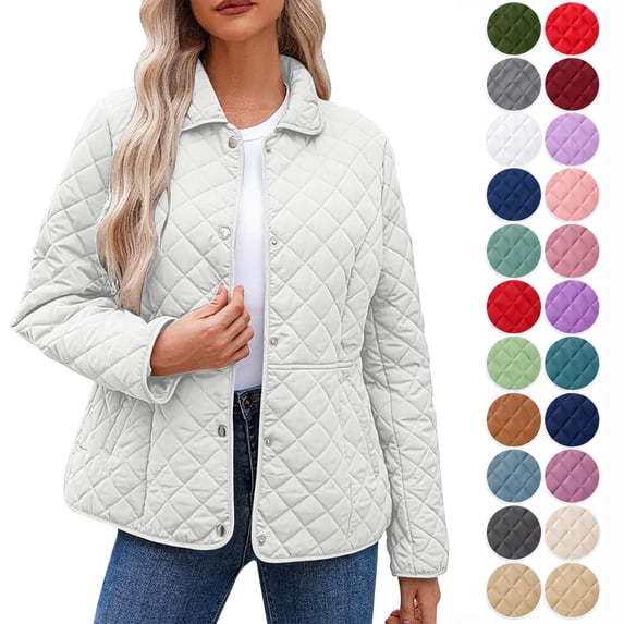 Hzzrkos Women's Quilted Lightweight Jacket Casual Button Front Puffer Coat Long Sleeve Diamond Pattern Outerwear with Pockets Comfortable Daily Wear for Fall Winter White XXXXXL