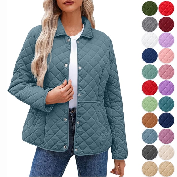 Hzzrkos Women's Quilted Lightweight Jacket Casual Button Front Puffer Coat Long Sleeve Diamond Pattern Outerwear with Pockets Comfortable Daily Wear for Fall Winter Blue XL
