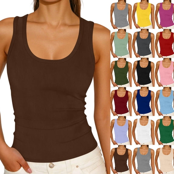 Hzzrkos Women's Square Neck Sleeveless Tank Top, Solid Stretch Layering Vest, Sizes S-XXL