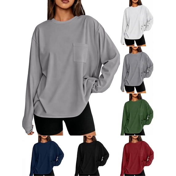 Hzzrkos Womens Casual Long Sleeve Round Neck Loose Fit Basic Pullover Top Everyday Blouse Shirt Gray XL
