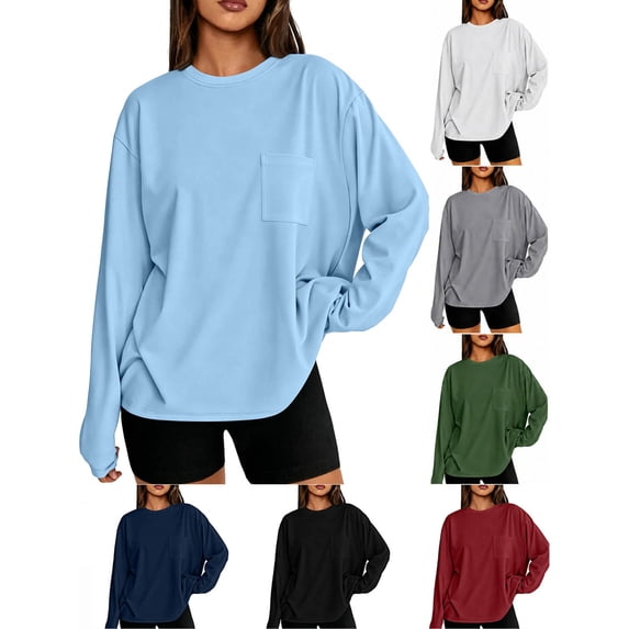 Hzzrkos Womens Casual Long Sleeve Round Neck Loose Fit Basic Pullover Top Everyday Blouse Shirt Light Blue S