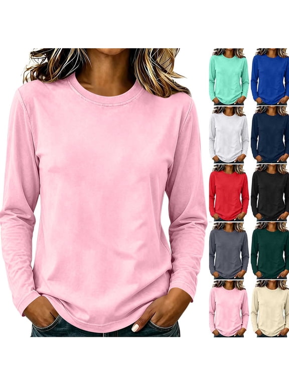 Womens Cotton Long Sleeve Crew Neck T Shirt Casual Loose Fit Basic Top Soft Lightweight Everyday Wear Layering Tee Comfortable Fall Winter Shirt Pink S