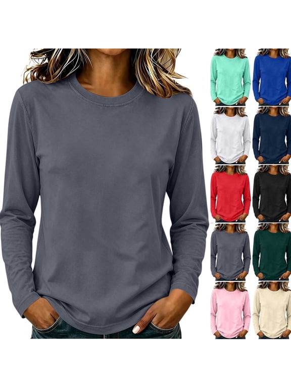 Womens Cotton Long Sleeve Crew Neck T Shirt Casual Loose Fit Basic Top Soft Lightweight Everyday Wear Layering Tee Comfortable Fall Winter Shirt Dark Gray XXXXL