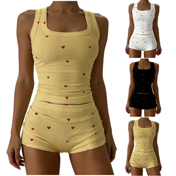 Hzzrkos Womens Pajama Set Ribbed Knit Tank Top and Shorts Two Piece Lounge Set Square Neck Sleeveless Soft Breathable Comfortable Sleepwear Matching Outfit for Home Lounging and Casual Wear