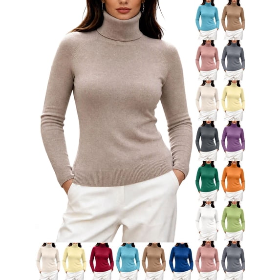 Hzzrkos Womens Turtleneck Knit Sweater Long Sleeve Pullover Top Soft Stretchy Ribbed Cuff Casual Lightweight Knitwear for Daily Wear Work Travel Outdoor Activities Beige L