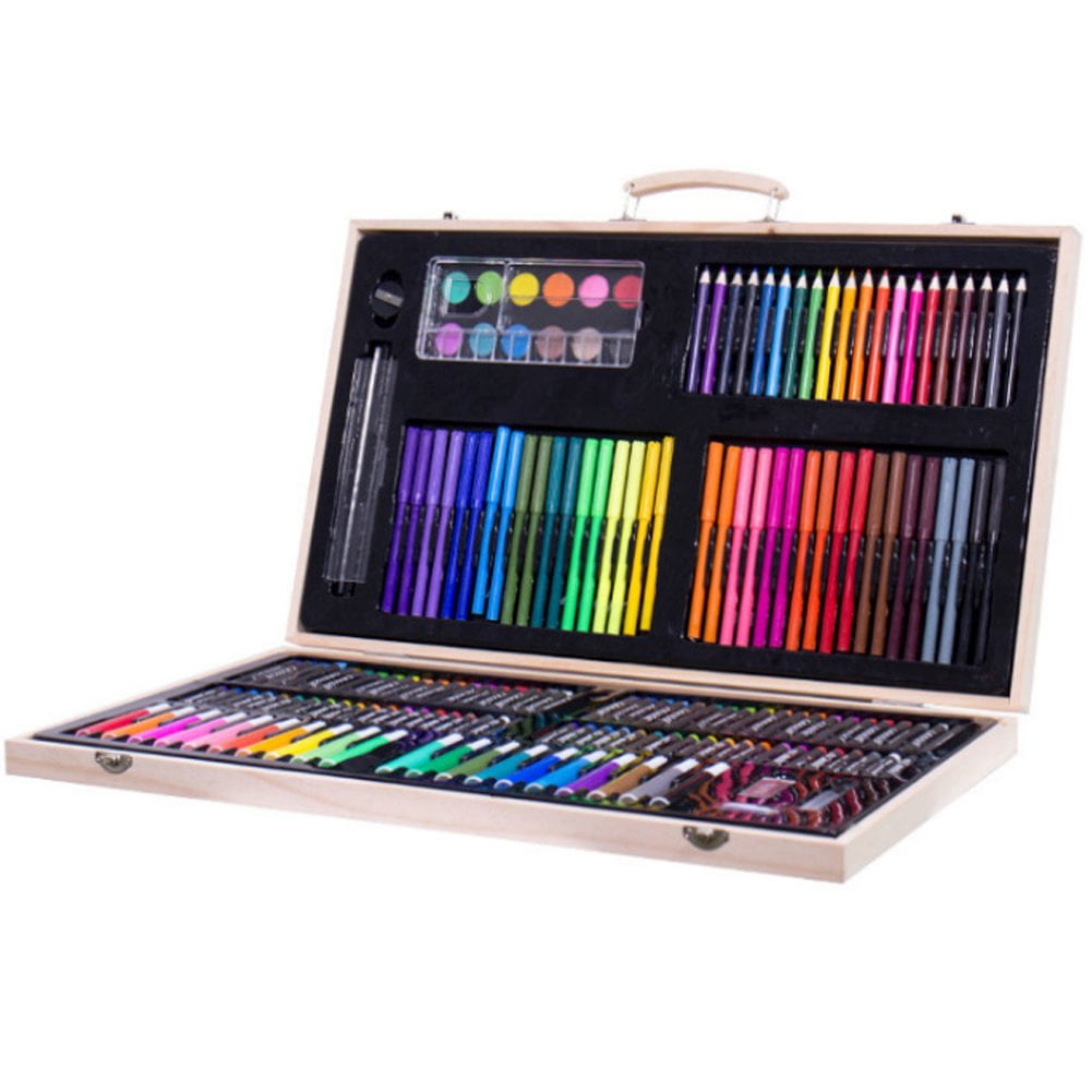Hzzsbu 180Pcs Art Markers Set with Wooden Box Watercolor Pen Pencil Crayon Oil Pastel for Art Supplies