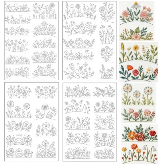 Hzzsbu 1Set Water Soluble Embroidery Pattern Pre-Printed Hand Sewing Stabilizers Self Adhesive Stick Stencils Flower Stitch for Embroidery Beginners