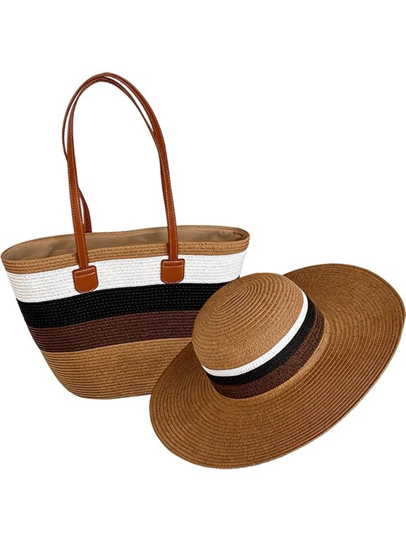1Set Women's Straw Totes and Hat Set, Striped Large Capacity Shoulder Bag, Summer Shade Beach Sun Hat Bucket Cap Tote Bags Set for Travel and Shopping