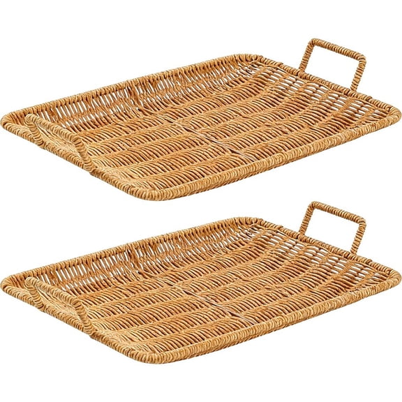 Hzzsbu 2Pcs/Set Wicker Bread Baskets Snack Placement Tray French Fries Platter Rattan Fruit Baskets with Handle for Home