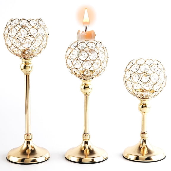 Hzzsbu 3Pcs Gold Crystal Tealight Candle Holder Set Table Centerpieces