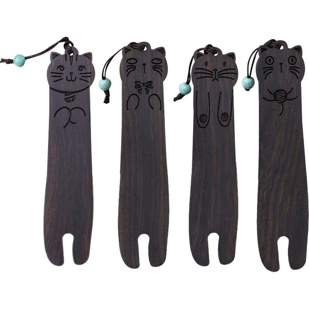 Hzzsbu 4Pcs 3D Cartoon Cat Sandalwood Wood Bookmarks with Gift Box