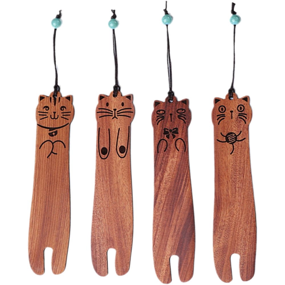 Hzzsbu 4Pcs 3D Cartoon Cat Sandalwood Wood Bookmarks with Gift Box