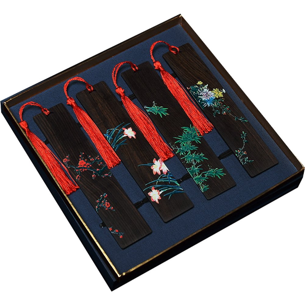 Hzzsbu 4Pcs Handmade Wooden Lotus Flower Bookmarks Color Painting Page Markers