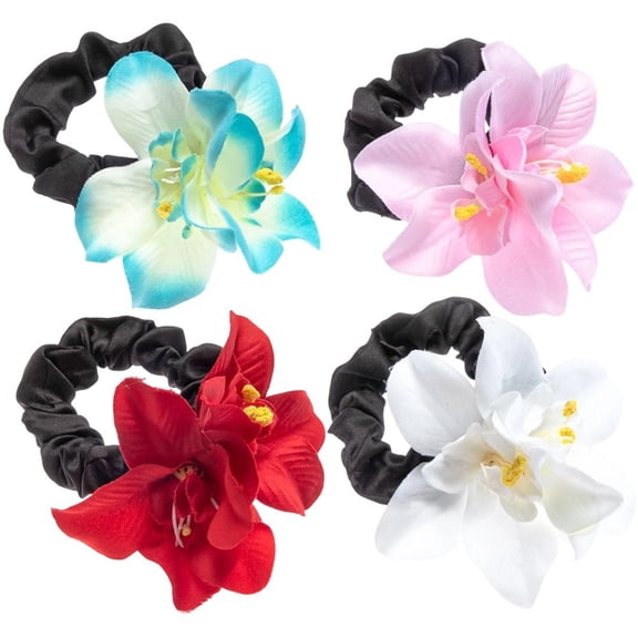 Hzzsbu 4pcs Artificial Plumeria Scrunchie Elastic Ponytail Holder Simulated Orchid Hair Ring for Festival Beach Party Hair Accessory