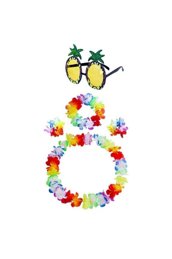 5pcs Hawaiian Party Decor Set Pineapple Sunglasses Tropical Necklace Bracelet Headband Flowers Garland Set