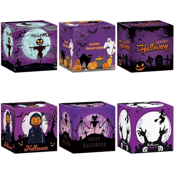 Hzzsbu 6 Pack Paper Gift Boxes, Pumpkin Ghost Witch Pattern Candy Snack Packaging Boxes for Holiday Table Decor