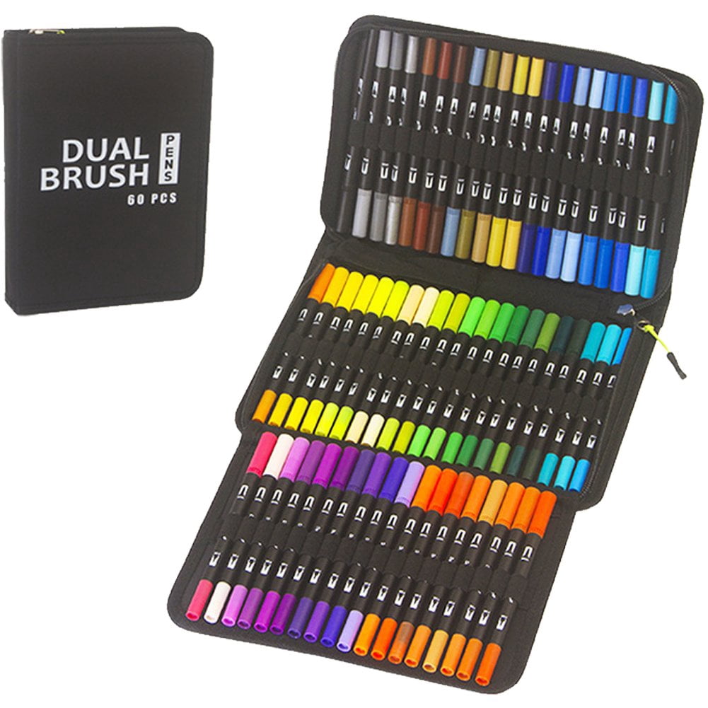 Hzzsbu 60 Colors Dual Tip Watercolor Brush Pens Art Markers Fineliner for Calligraphy Painting