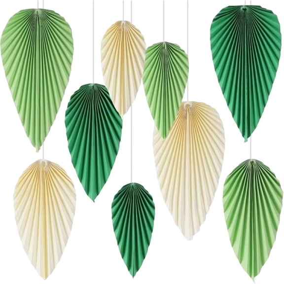 Hzzsbu 9 Pack Paper Leaves Hanging Fans Ornament, Summer Tropical Leaf Party Decorations for Birthday Events