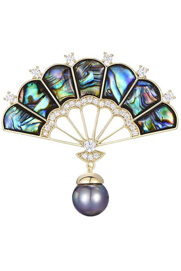 Abalone Shell Fan Shaped Brooch Pin Pearl Rhinestone